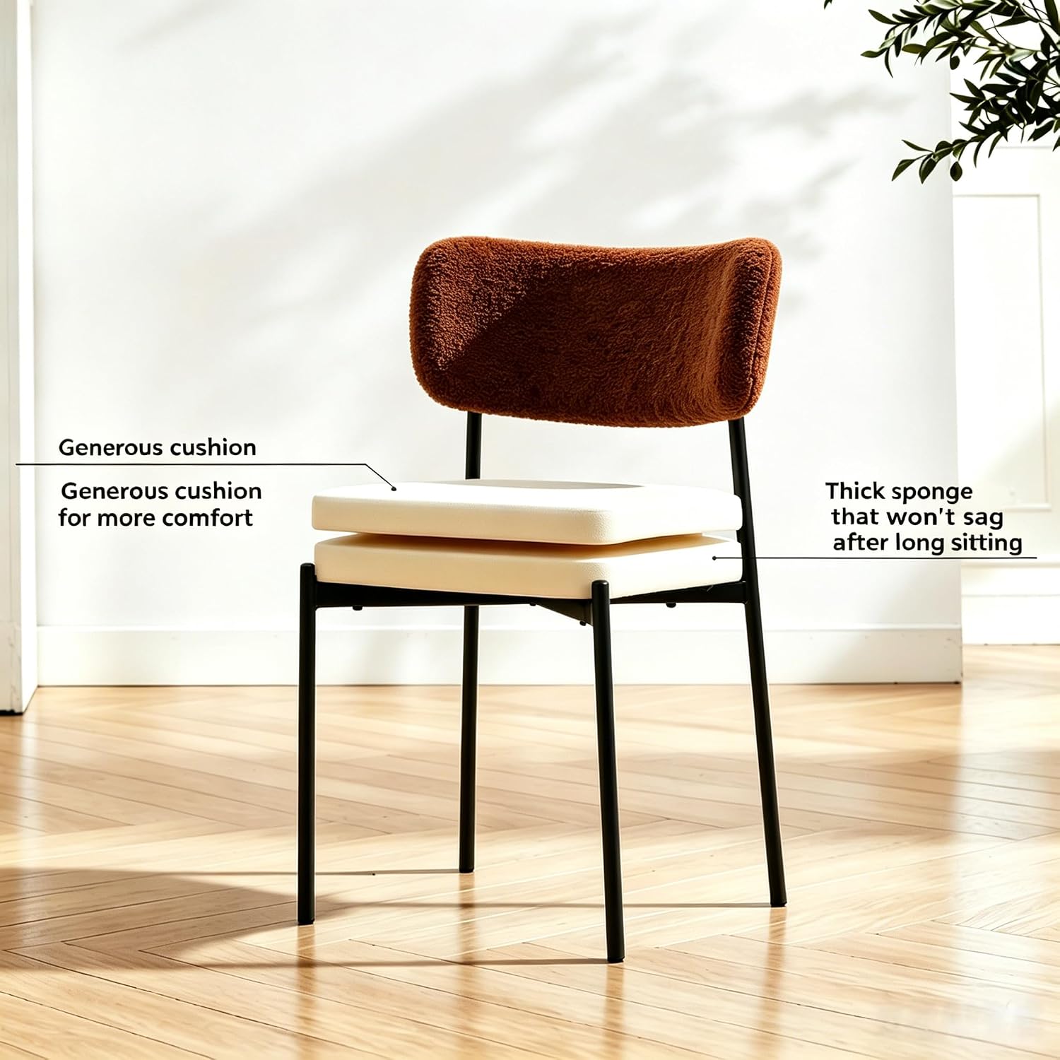Brown Boucle Dining Chairs Set of 8, Mid Century Modern Dining Room Chair with Curved Backrest & Metal Legs, Round Upholstered Dining Chairs for Kitchen, Living Room