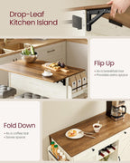 VASAGLE Mobile Kitchen Island with Drop Leaf, Portable Island with Spice Rack, Mobile Cart with Storage Cabinet, 17.7-28.7 x 49.3 x 36 Inches, for Dining Room, Rustic White and Honey Brown UKKI012W01