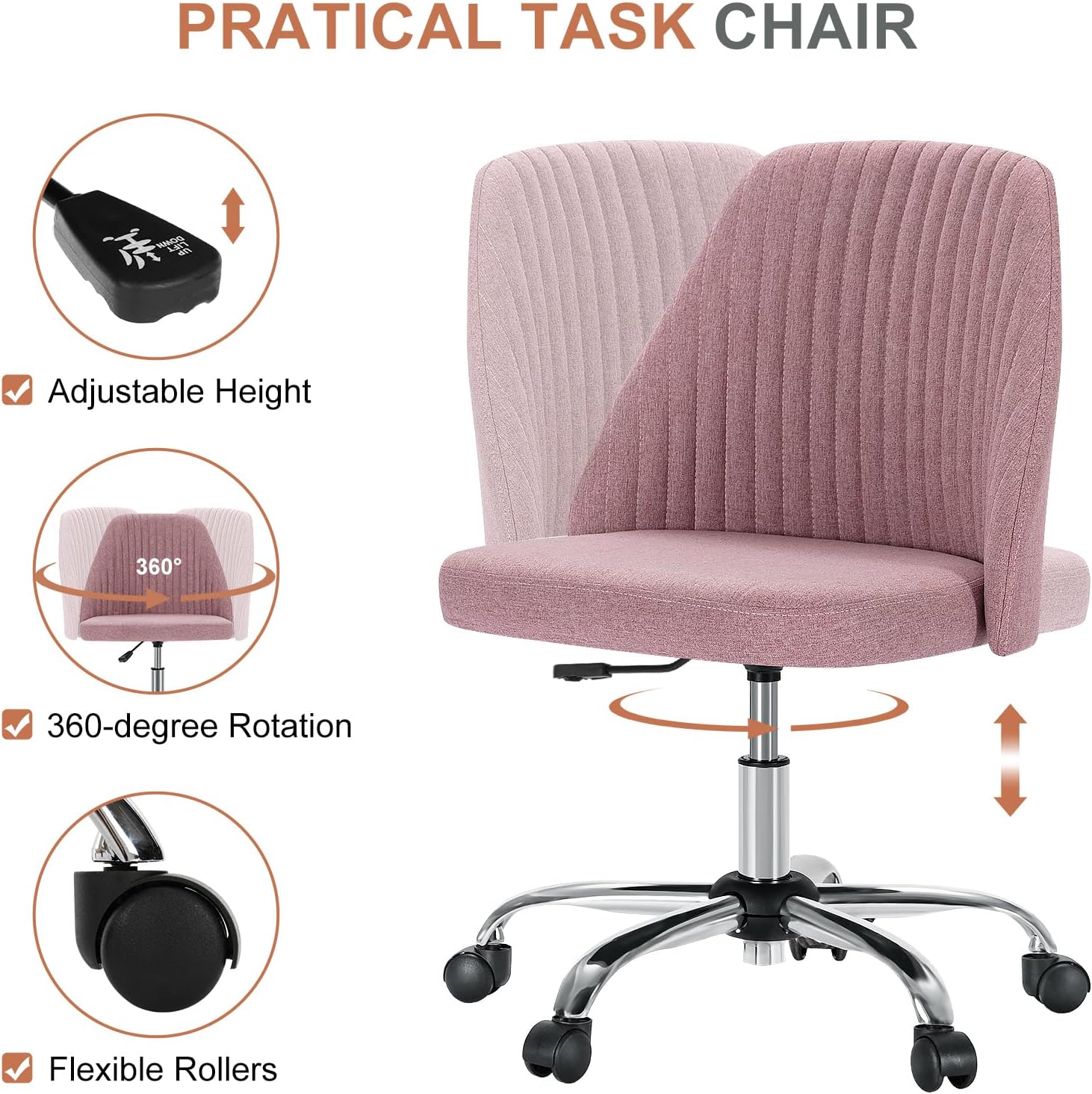 DUMOS Office Chair, Comfy Desk Chair Rolling Vanity Swivel Task Chairs with Wheels, Wide Seating Armless Height Adjustable Computer Chairs for Home,Bedroom,Student,Adults, Blush