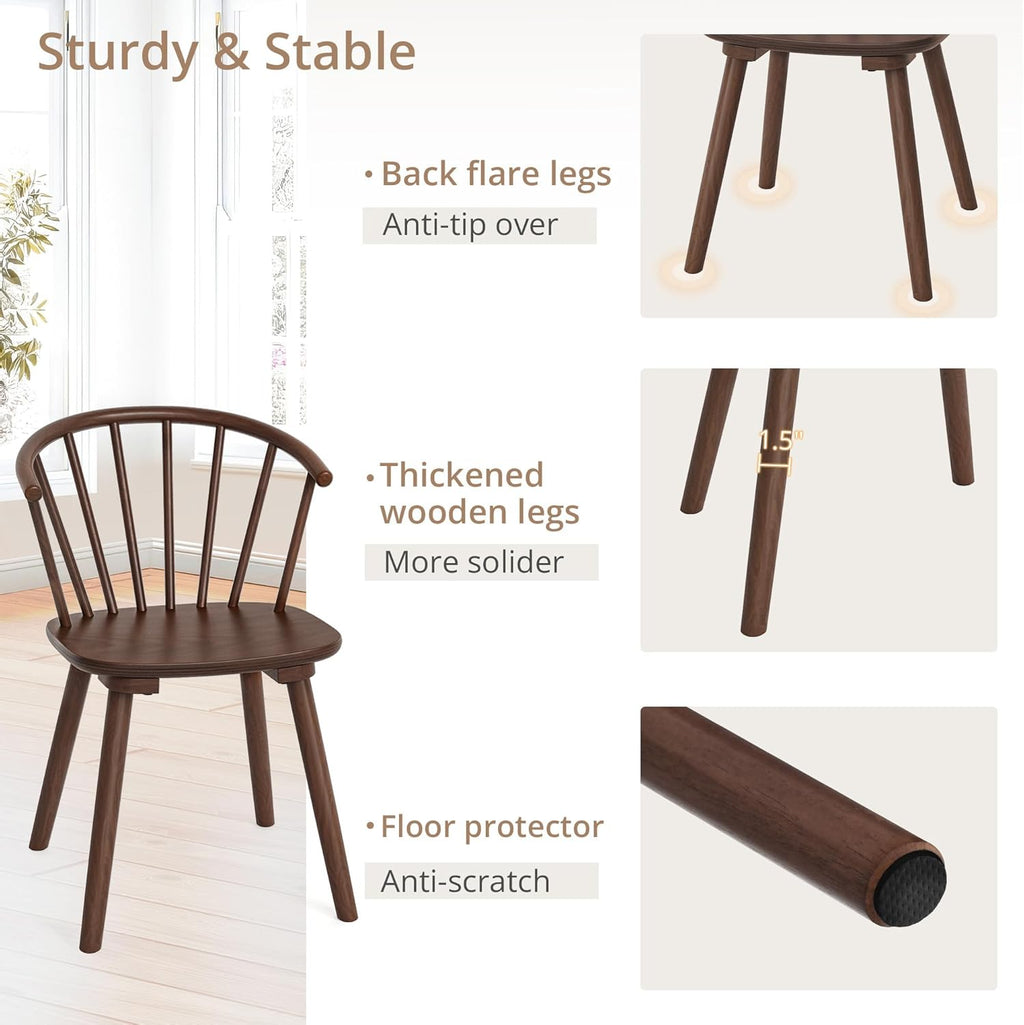 LUE BONA Walnut Dining Chairs Set of 4, Farmhouse Wood Dining Chairs with Semicircular Backrest, Spindle Dining Chair for Kitchen and Dining Room, 18 Inch