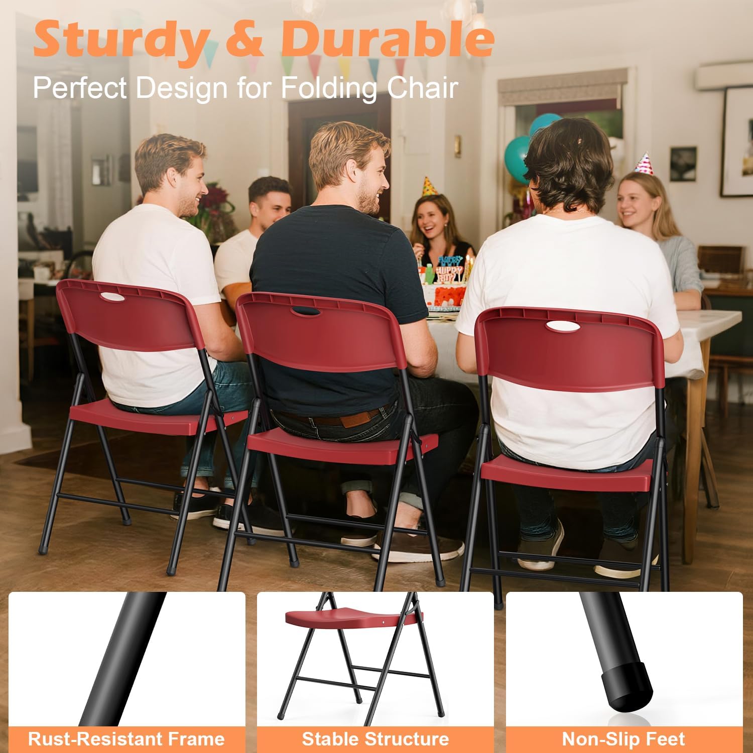 VTOY Heavy Duty Folding Chairs, 450 lbs Capacity Stackable Plastic Chairs, Durable & Comfortable for Indoor Outdoor, Wedding, Party, Patio, Office (Red 2 Pack)