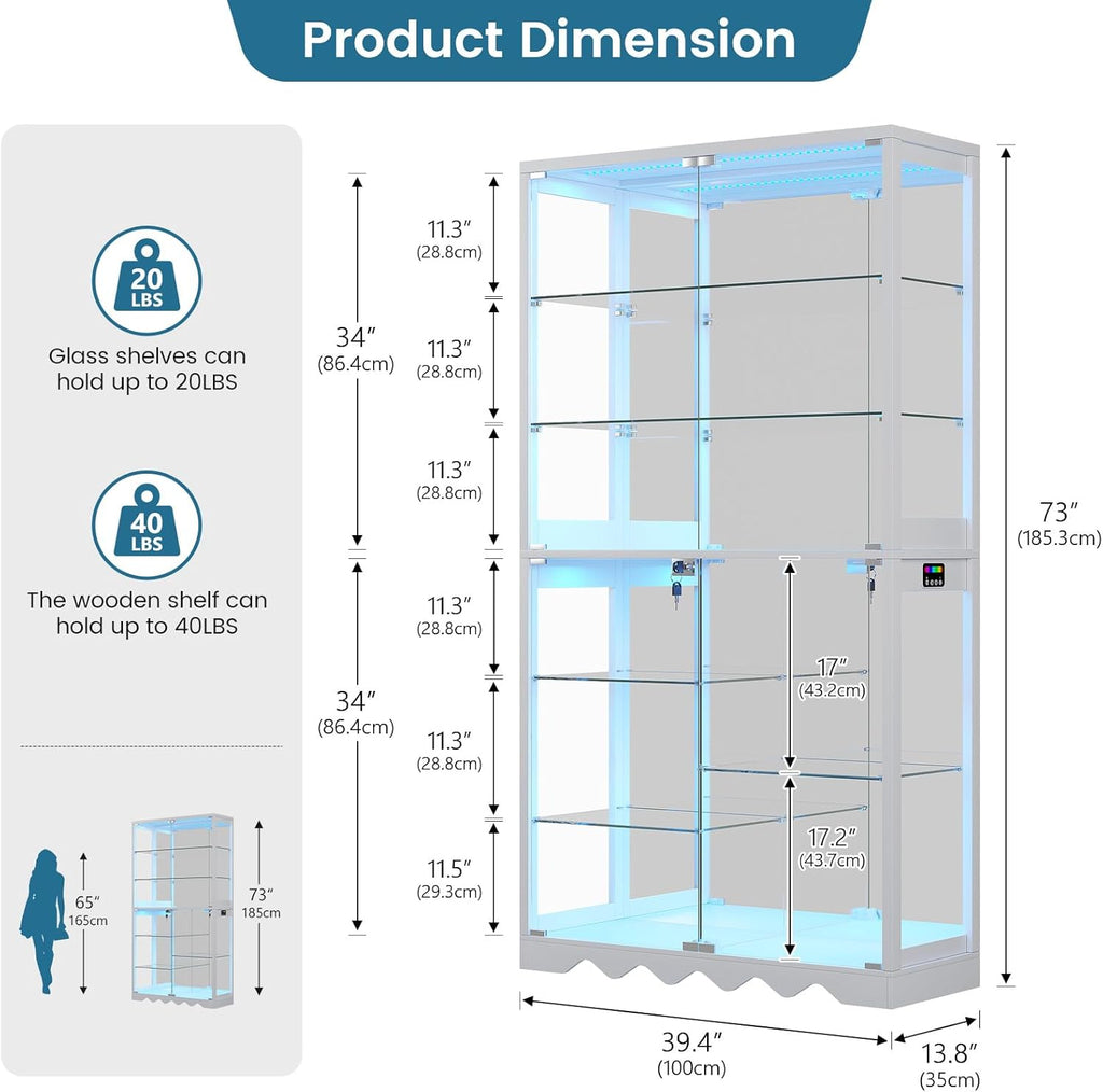 Large Display Cabinet with Glass Doors, 8-Tier RGB Curio Cabinet with Smart Human Induction & Remote Control, 73" Tall Stable Glass Display Case for Collectibles, Figures, Lockable Storage, White