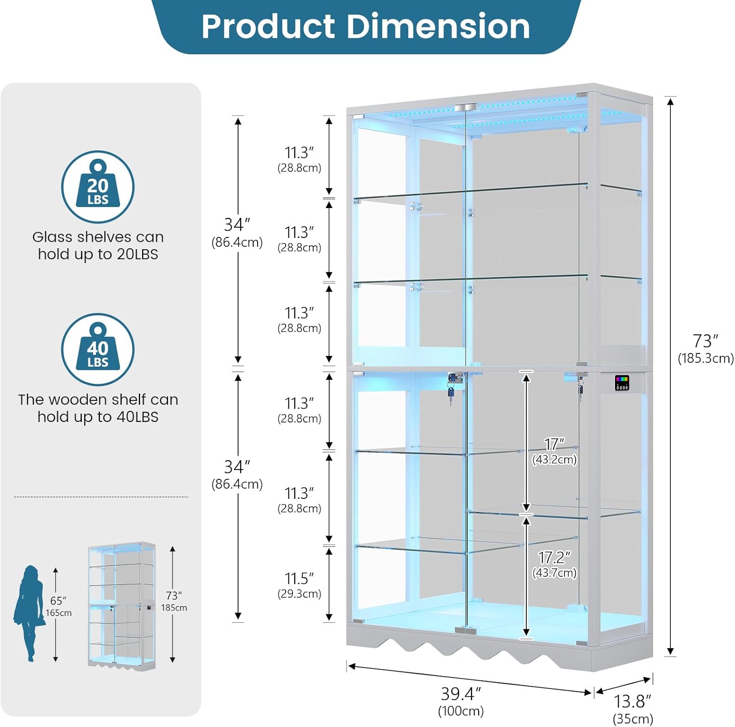 Large Display Cabinet with Glass Doors, 8-Tier RGB Curio Cabinet with Smart Human Induction & Remote Control, 73" Tall Stable Glass Display Case for Collectibles, Figures, Lockable Storage, White