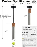 ELYONA Modern Pendant Light for Kitchen Island, Brown Wood Grain & Brushed Nickel Metal Bauhaus Long Tube Hanging Light Fixture for Dining Room, Bedroom, Adjustable Height, GU10 LED Bulb Included