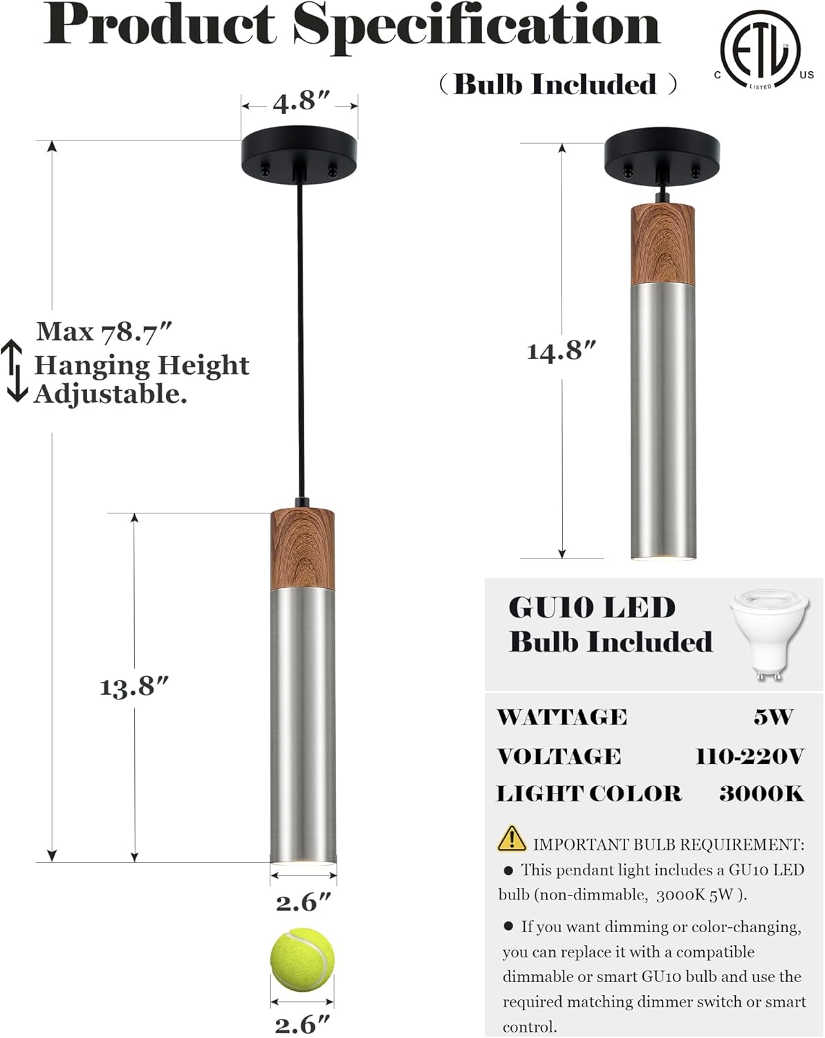 ELYONA Modern Pendant Light for Kitchen Island, Brown Wood Grain & Brushed Nickel Metal Bauhaus Long Tube Hanging Light Fixture for Dining Room, Bedroom, Adjustable Height, GU10 LED Bulb Included