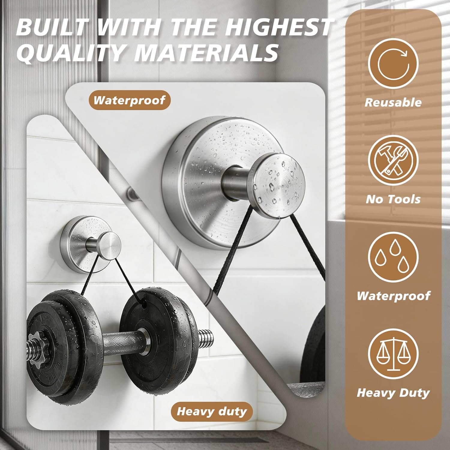 Suction Cup Hooks, Removable Shower Hooks, 4-Pack, Brushed Nickel | No Wall Damage | Strong Hold on Tile, Mirrors & Glass | Bathroom & Kitchen Use | Perfect for Towels, Loofahs, Robes & Coats