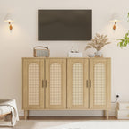 Patikuin Rattan Sideboard Buffet Cabinet, Boho Accent Storage Cabinet, 4 Doors Console Table Coffee Bar with Power Outlet, Adjustable Shelves for Kitchen, Dining Room, Hallway, Living Room