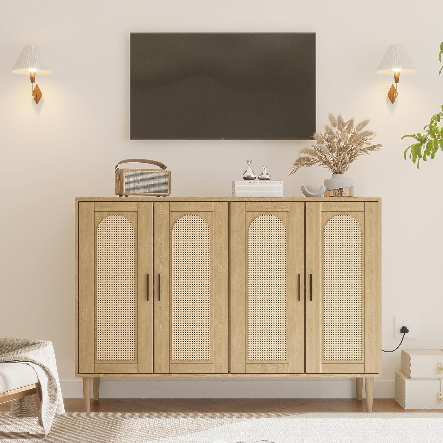 Patikuin Rattan Sideboard Buffet Cabinet, Boho Accent Storage Cabinet, 4 Doors Console Table Coffee Bar with Power Outlet, Adjustable Shelves for Kitchen, Dining Room, Hallway, Living Room