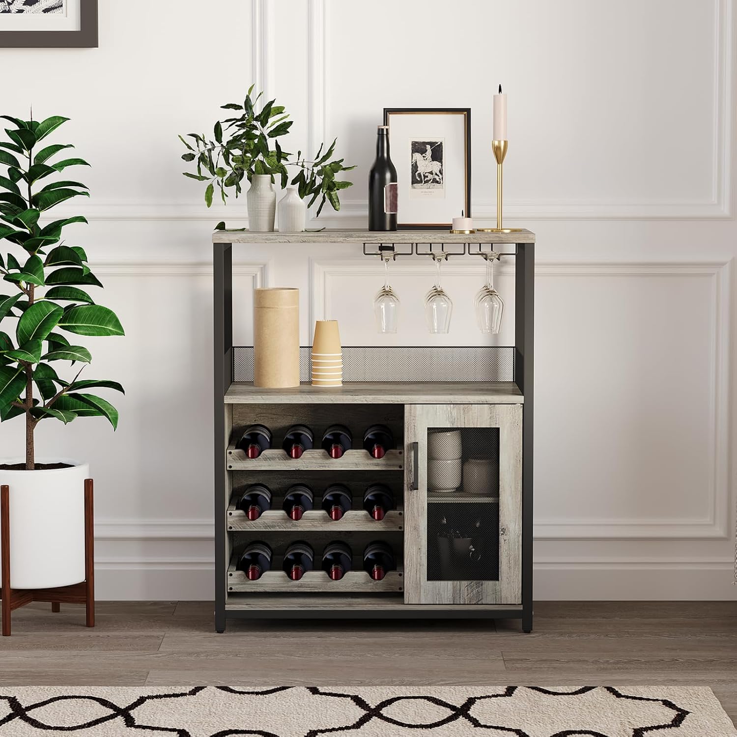Bar Cabinet, Industrial Wine Cabinet with Removabl Glass Rack, Liquor Storage Cabinet with Adjustable Wine Rack, Home Bar with Mesh Doors and Baffle, Grey Without Light