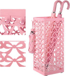 Hicarer Pink Bow Umbrella Holder for Entryway Umbrella Stand with Removable Drip Tray & 4 Hooks Cute Coquette Square Freestanding Walking Sticks Storage Bin for Home Hallway, 16 x 6.3 x 6.3 Inch