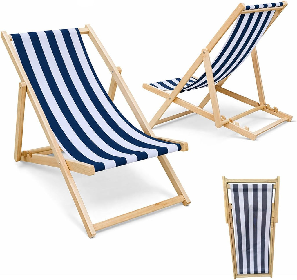Blue Stripe Beach Sling Chair Set of 2, Foldable Wooden Beach Chairs with 4-adjustble Back, Outdoor Sling Chair for Patio Garden Swimming Pool (2)