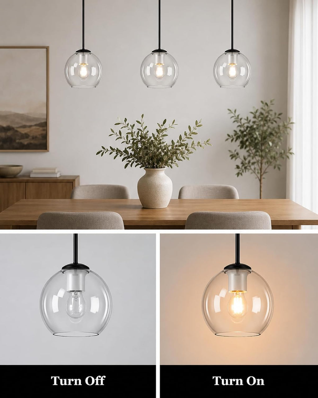 BTP Modern Glass Globe Pendant Light for Kitchen Island, Black Pendant Light Fixture with Adjustable Height Rods, Sloped Ceiling Compatible Clear Glass Hanging Light, E26 Base for Dining Room Foyer