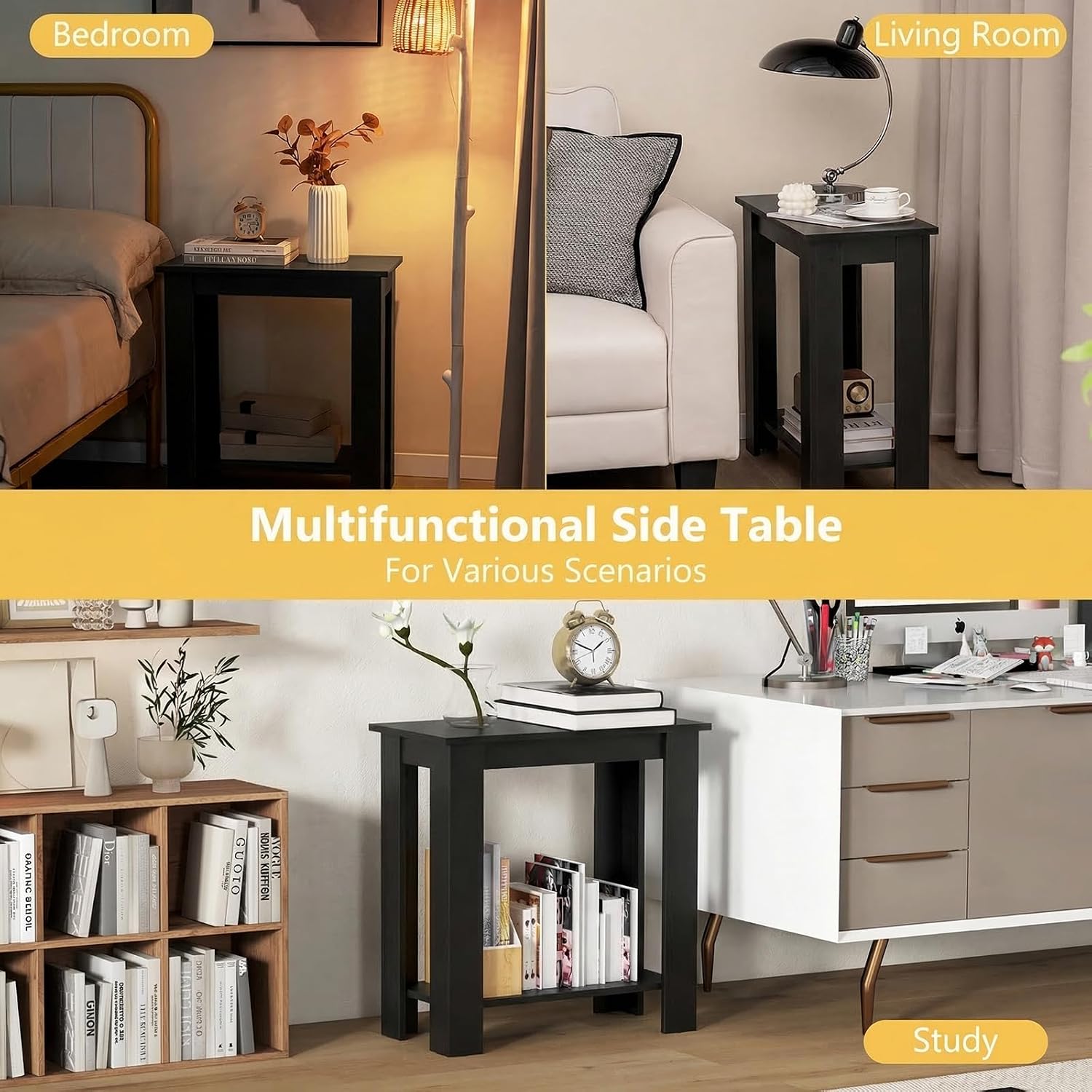 GOFLAME 24” Side Table, 2-Tier Rectangular End Table with Storage Shelf, Multipurpose Night Stand for Bedroom, Living Room, Black