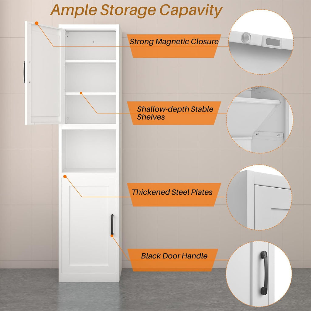 67" Tall Narrow Bathroom Storage Cabinet, Slim Metal Cabinet with Doors and Adjustable Shelves, Freestanding Pantry Organizer for Small Spaces, Bathroom, Kitchen, Laundry Room, Living Room, White
