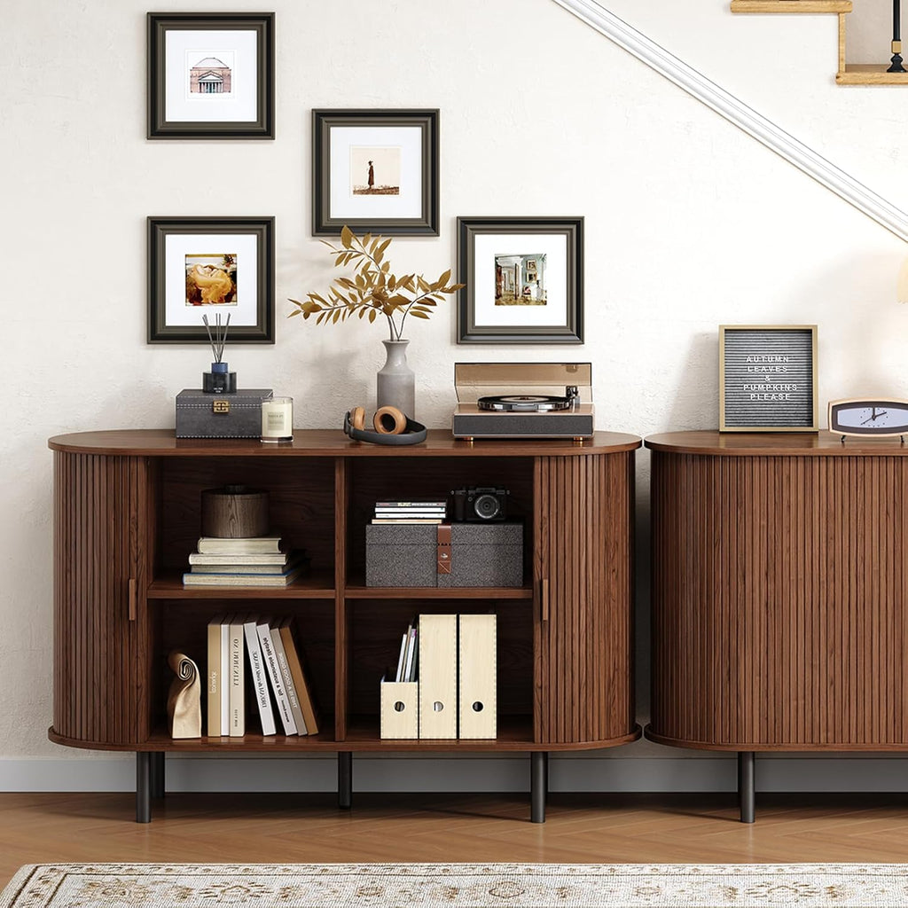 Buffet Cabinet with Storage, Fluted Sideboard Buffet with Sliding Door, Coffee Bar Cabinet with Adjustable Shelf, Console Table, Accent Table for Entryway, Kitchen (Walnut, 48 Inch)