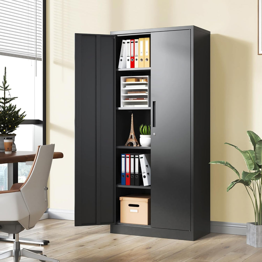 Metal Storage Cabinet with 2 Doors and 4 Shelves, 72" H Metal Cabinet with Lock, Steel Locking File Cabinet, Lockable Storage Cabinet, Tool Cabinet for Home, Office,Garage, School, Black