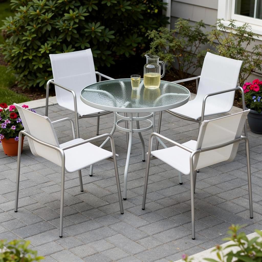 HomeRoots Set of Four Light Gray Steel Sling Outdoor Arm Chairs