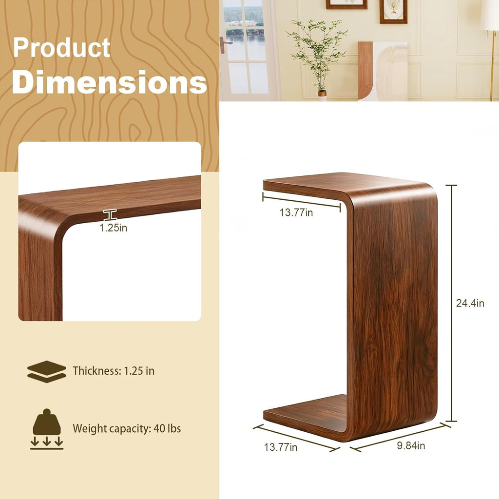 C Shaped End Table, Wooden Sofa Side Table for Couch, Small Nightstand for Living Room Bedroom Narrow Spaces Office