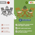 Idzo Heavy Duty 400lbs Capacity Patio Bistro Set 3 Piece Outdoor, Folding Chairs w/Cushion, Square Table, FSC-Certified Acacia Wood, Space-Saving Design for Balcony, Garden and Porch - Upgrade