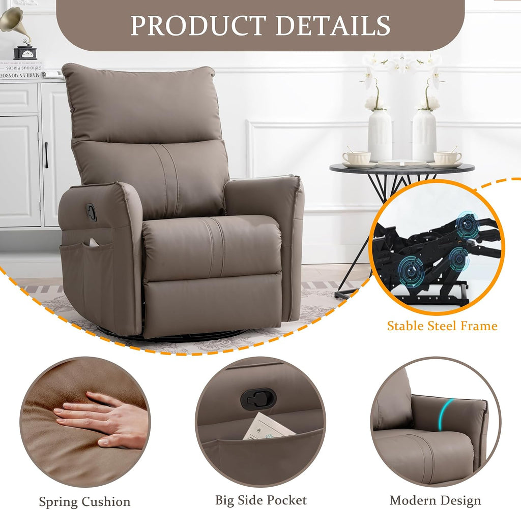 Swivel Rocker Recliner Chair, Upholstered 360° Fabric Leather Glider Rocker Chair for Nursery, Manual Small Recliners for Small Spaces Living Room Weight Capacity 300lbs