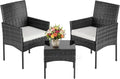 DUMOS 3-Piece Patio Furniture Set, All-Weather Outdoor Wicker Chairs with Removable Cushions & Tempered Glass Table, Small Bistro Set for Porch, Balcony, Lawn, Backyard, Black
