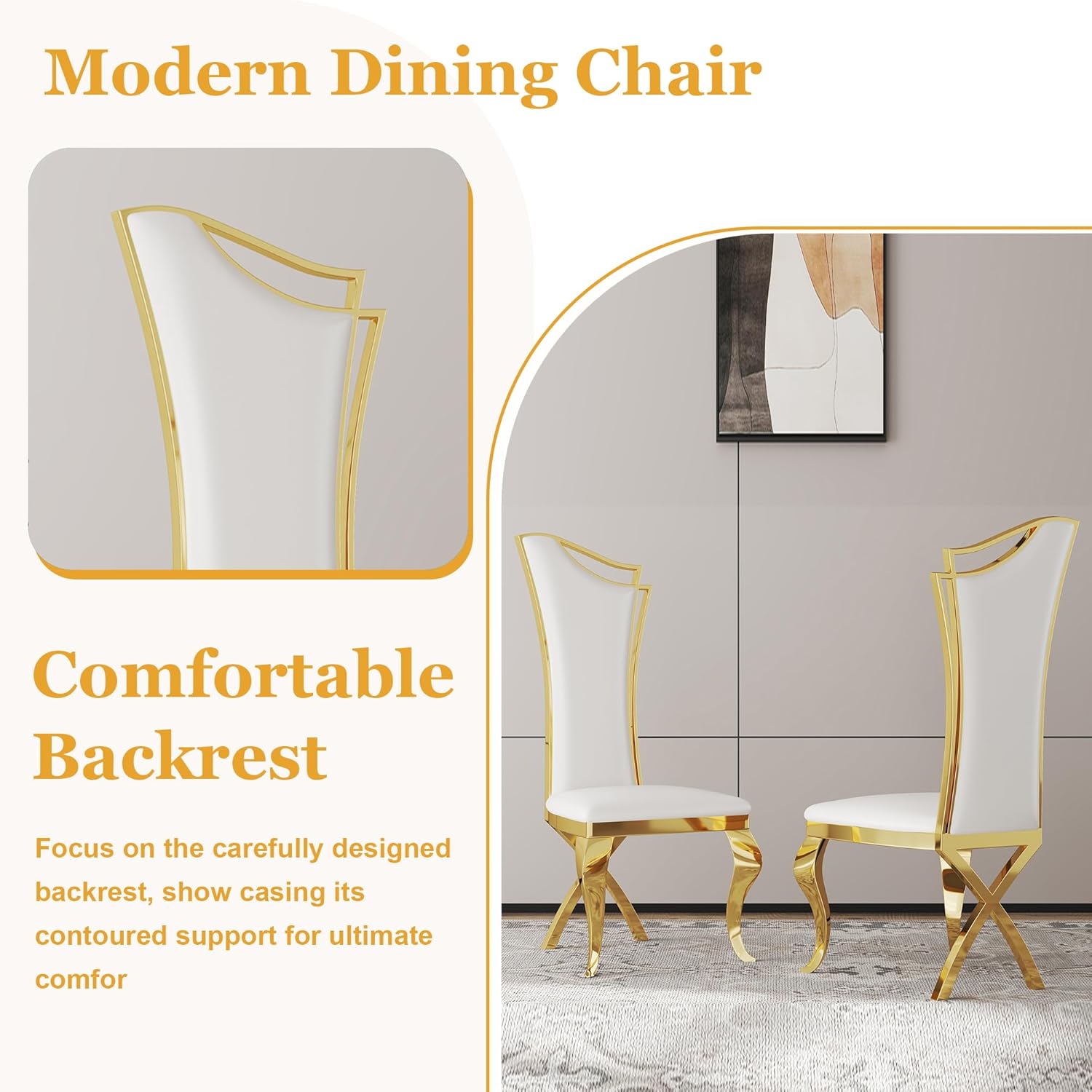 7-Piece Modern White Marble Dining Table Set, 70" Rectangular Kitchen Table with 6 High Backrest Chairs, Dining Room Set for 6 with Gold Stainless Steel Base for Dining Room