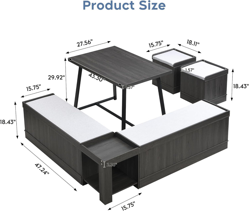 XIAO WEI Corner Dining Table Set, 6-Piece Breakfast Nook Dining Set with Storage Bench and Stools, 47" Banquette Seating for Small Space, Apartment Kitchen & Dining Room, Espresso Brown Wood