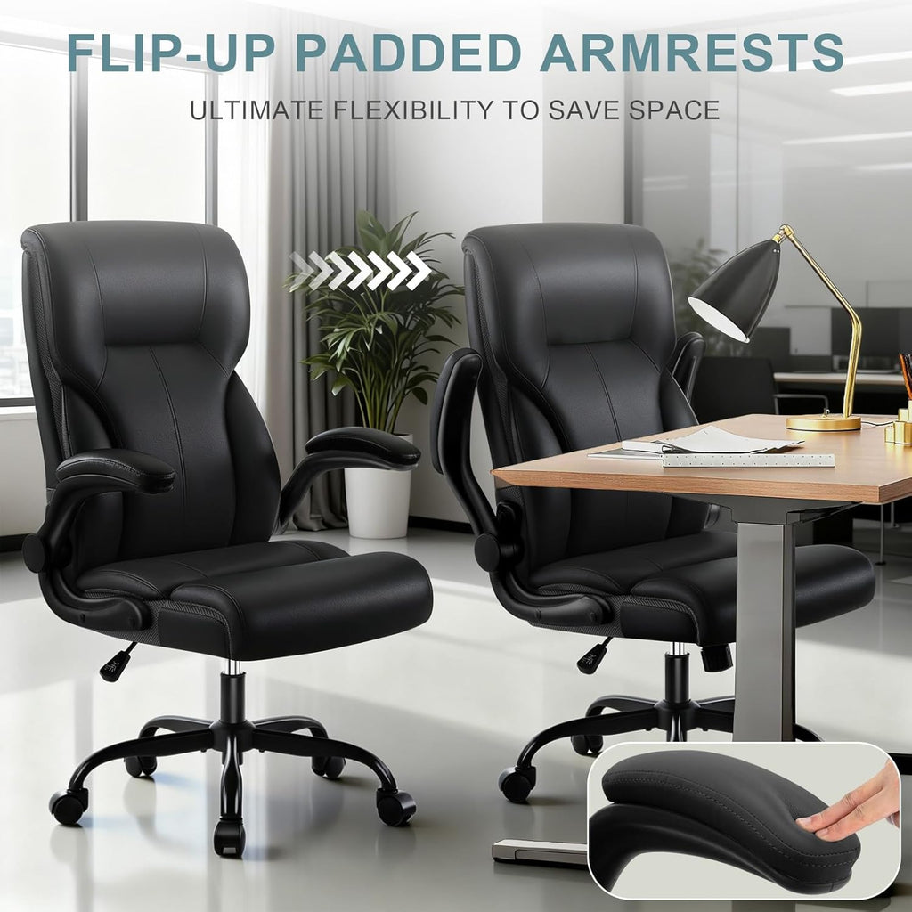 Executive Office Chair,High Back Ergonomic Comfy Desk Chair with Padded Flip-up Armrests and Wheels,PU Leather Heavy Duty Computer Swivel Rolling Task Chair for Home Office,Adults,Black