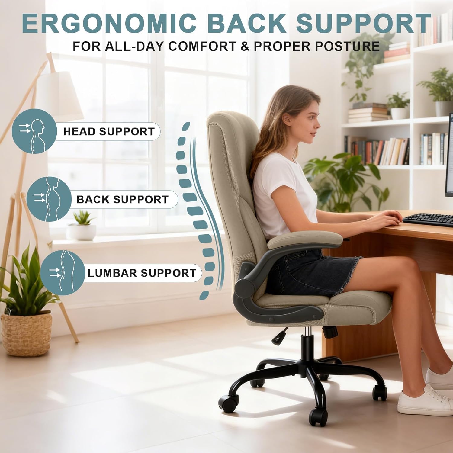 Executive Office Chair,High Back Ergonomic Comfy Desk Chair with Padded Flip-up Armrests and Wheels,PU Leather Heavy Duty Computer Swivel Rolling Task Chair for Home Office,Adults,Khaki