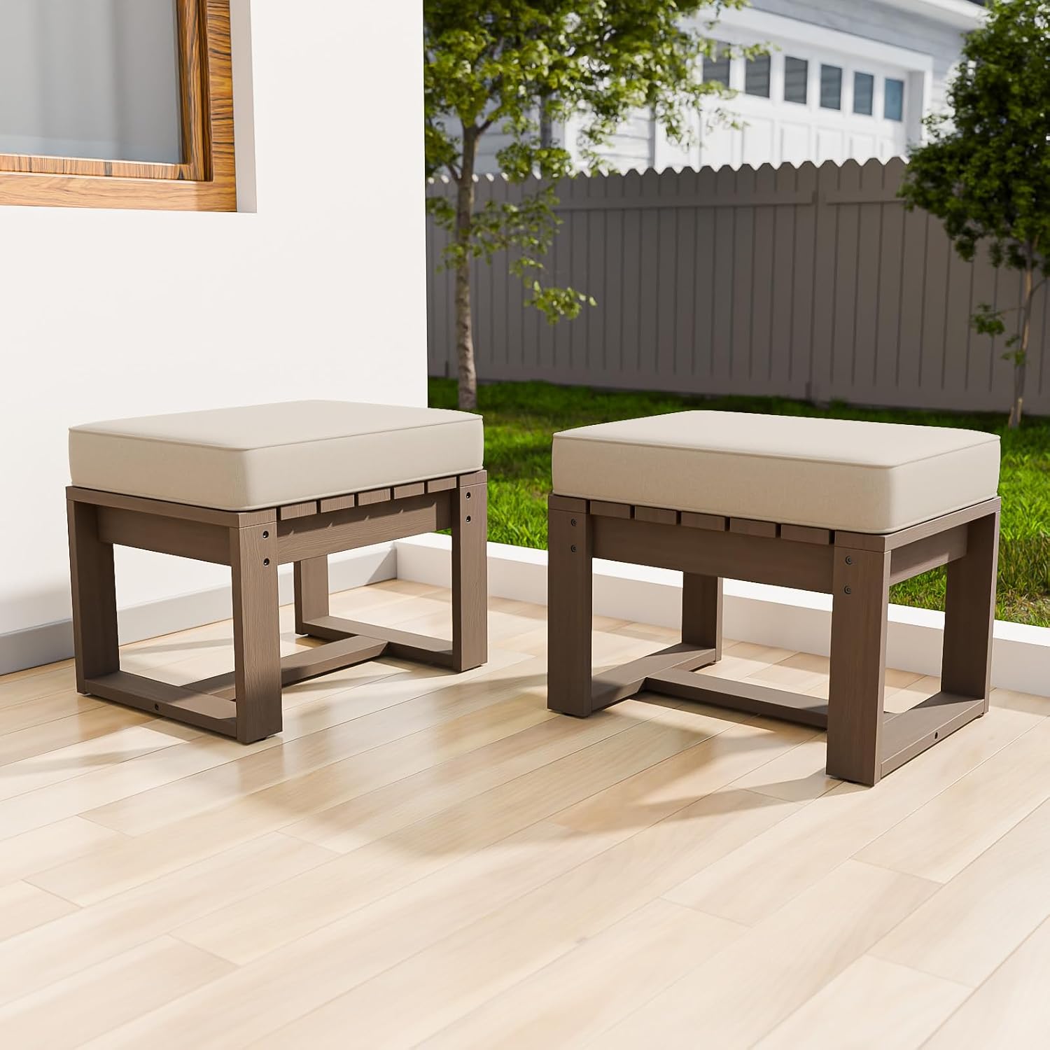 EAGLE PEAK Natural Cedar Outdoor Patio Ottomans with Removable Cushions, Set of 2, Outdoor Real Wood Footrest Contemporary Décor for Deck, Porch, Balcony and Backyard, Brownish/Beige
