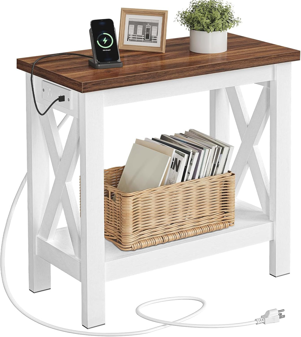 HOOBRO End Table with Charging Station, Farmhouse Narrow Side Table, 2-Tier with Storage Shelves, Slim Nightstand for Small Spaces, Living Room, Bedroom, White and Walnut WH360UBZ01
