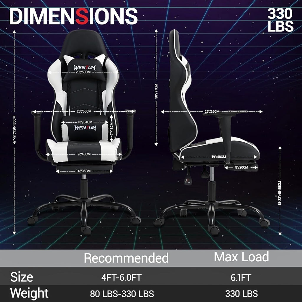 Gaming Chair with Footrest, Video Game Chair with Massage, PU Leather Computer Chair, Lumbar Support for Men Women, Home Office, Height Adjustable, Ergonomic High Back, White