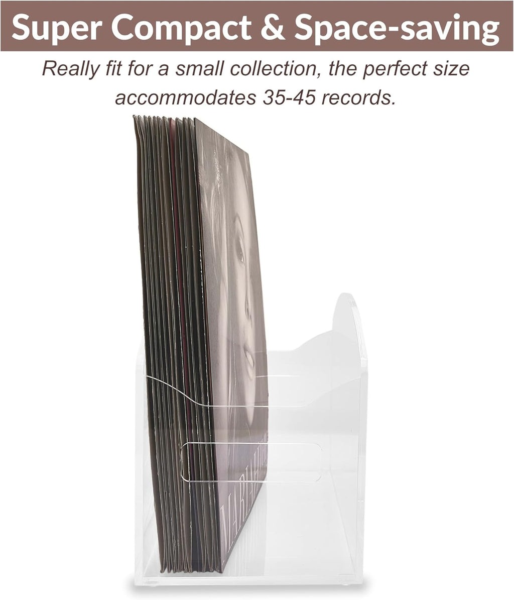 Acrylic Record Holder - Modern Vinyl Record Storage Box, LP Record Organizer, Clear Lucite Record Case with Handles, Album Record Display Bin, Holds up to 35-45 Records