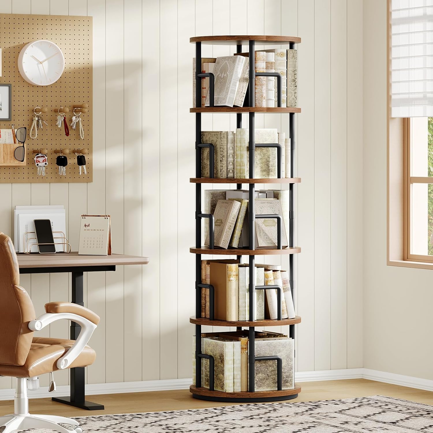 MAHANCRIS Rotating Bookshelf, 5-Tier Book Shelf, 360° Spinning Bookcase, Freestanding Storage Shelf with Guardrails, for Small Space, Living Room, Bedroom, Home Office, Rustic Brown and Black BKHR4501