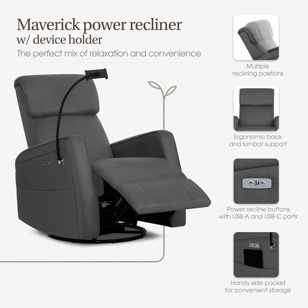 Evolur Maverick Upholstered Power Glider Recliner with Device Holder – Swivel, Rocking & Smooth Power Recline – Greenguard Gold & FSC Certified, Modern Nursery and Living Room Chair in Tempered Grey