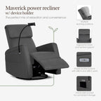 Evolur Maverick Upholstered Power Glider Recliner with Device Holder – Swivel, Rocking & Smooth Power Recline – Greenguard Gold & FSC Certified, Modern Nursery and Living Room Chair in Tempered Grey