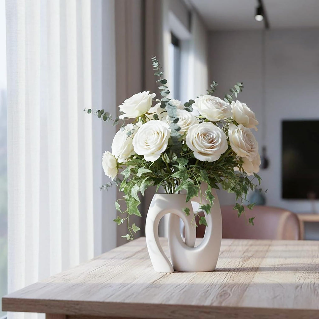 Ceramic Vase Set of 2 by DecoVlog, White Hollow Living Room Decor Vase, Minimalist Decorative Modern Boho Vase for Table Centerpiece Wedding Dining Living Room Office House Decoration