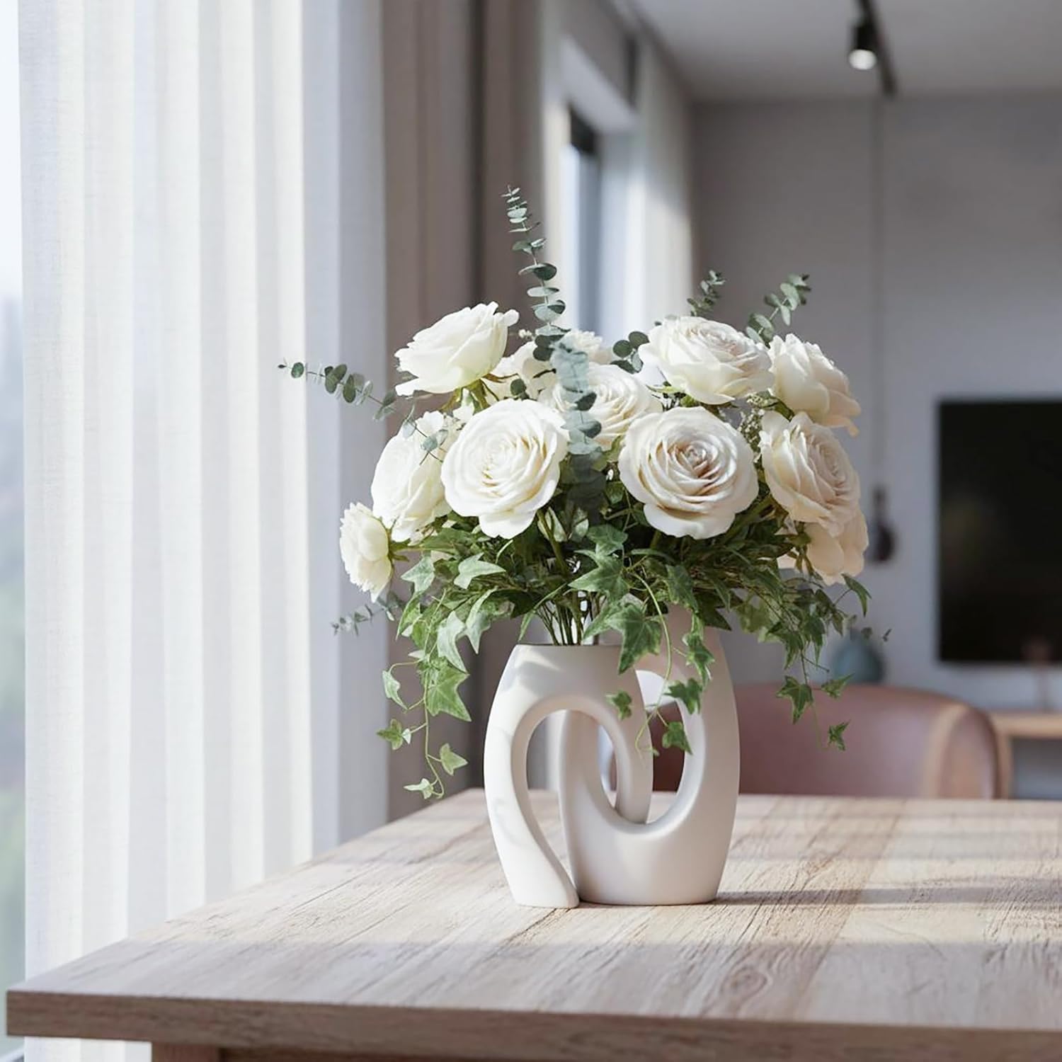 Ceramic Vase Set of 2 by DecoVlog, White Hollow Living Room Decor Vase, Minimalist Decorative Modern Boho Vase for Table Centerpiece Wedding Dining Living Room Office House Decoration