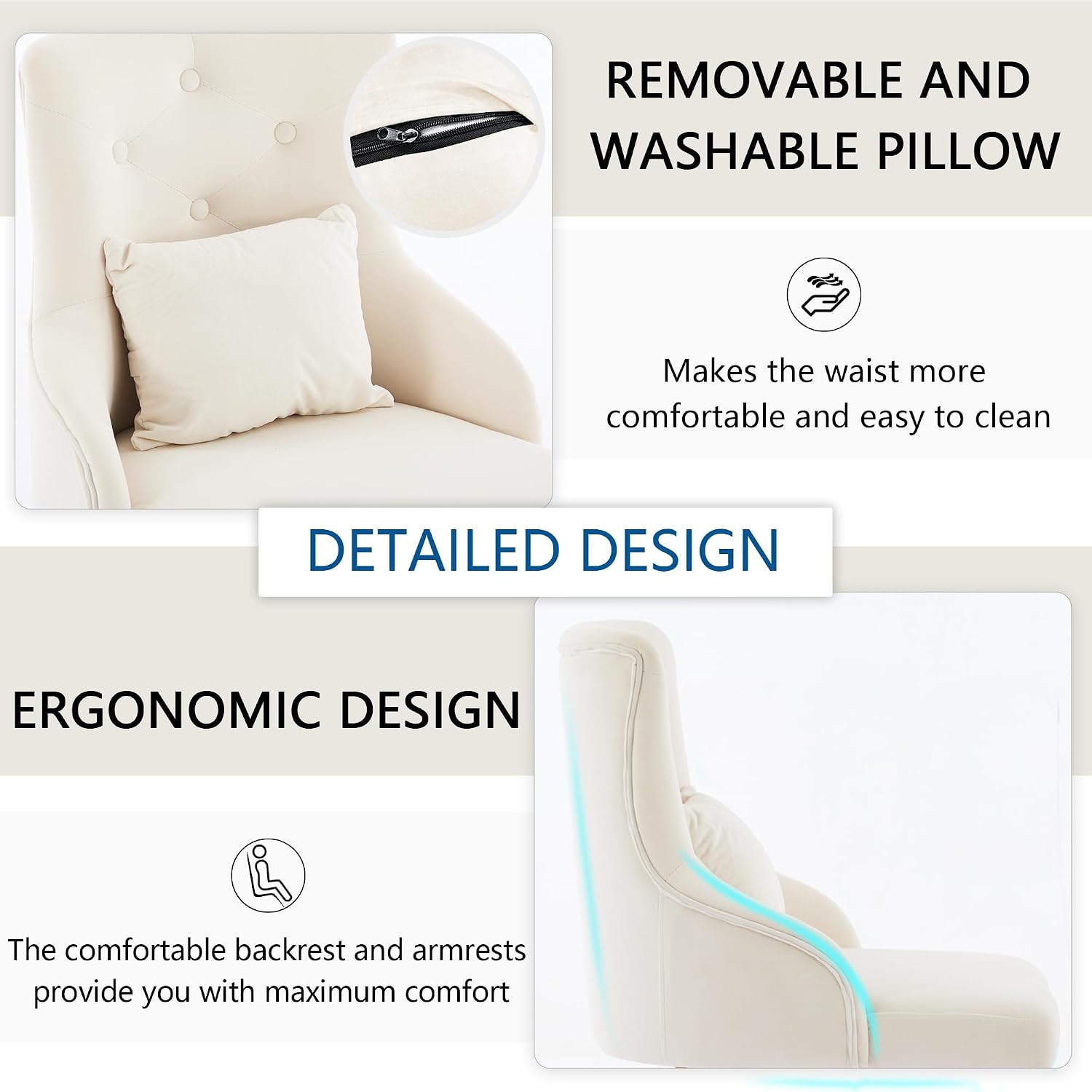 Velvet Vanity Chairs with Back, Upholstered Makeup Chair No Wheels with Metal Legs & Lumbar Pillow for Living Room/Makeup Room/Bedroom/Home Office/Kitchen