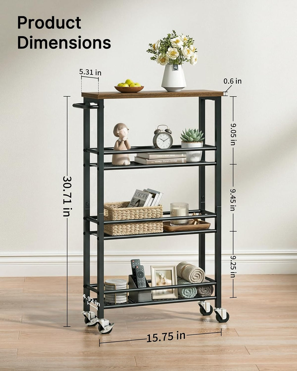 Pipishell Slim Storage Cart with Wheels - 4 Tier Rolling Kitchen Storage Cart with Handle and Wood Top, Metal Slim Bathroom Cart for Laundry Room, Bathroom, Kitchen, Narrow Space, Black & Rustic Brown