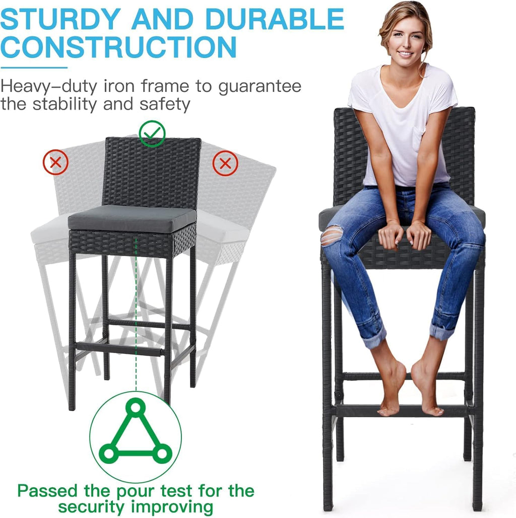 ECOTOUGE Outdoor Bar Stools Set of 4, Wicker Woven Patio Stools & Patio Bar Chairs with Seat Cushion and Cozy Footrest, Rattan Furniture Armless Counter Height for Pool Lawn Porch Backyard, Black