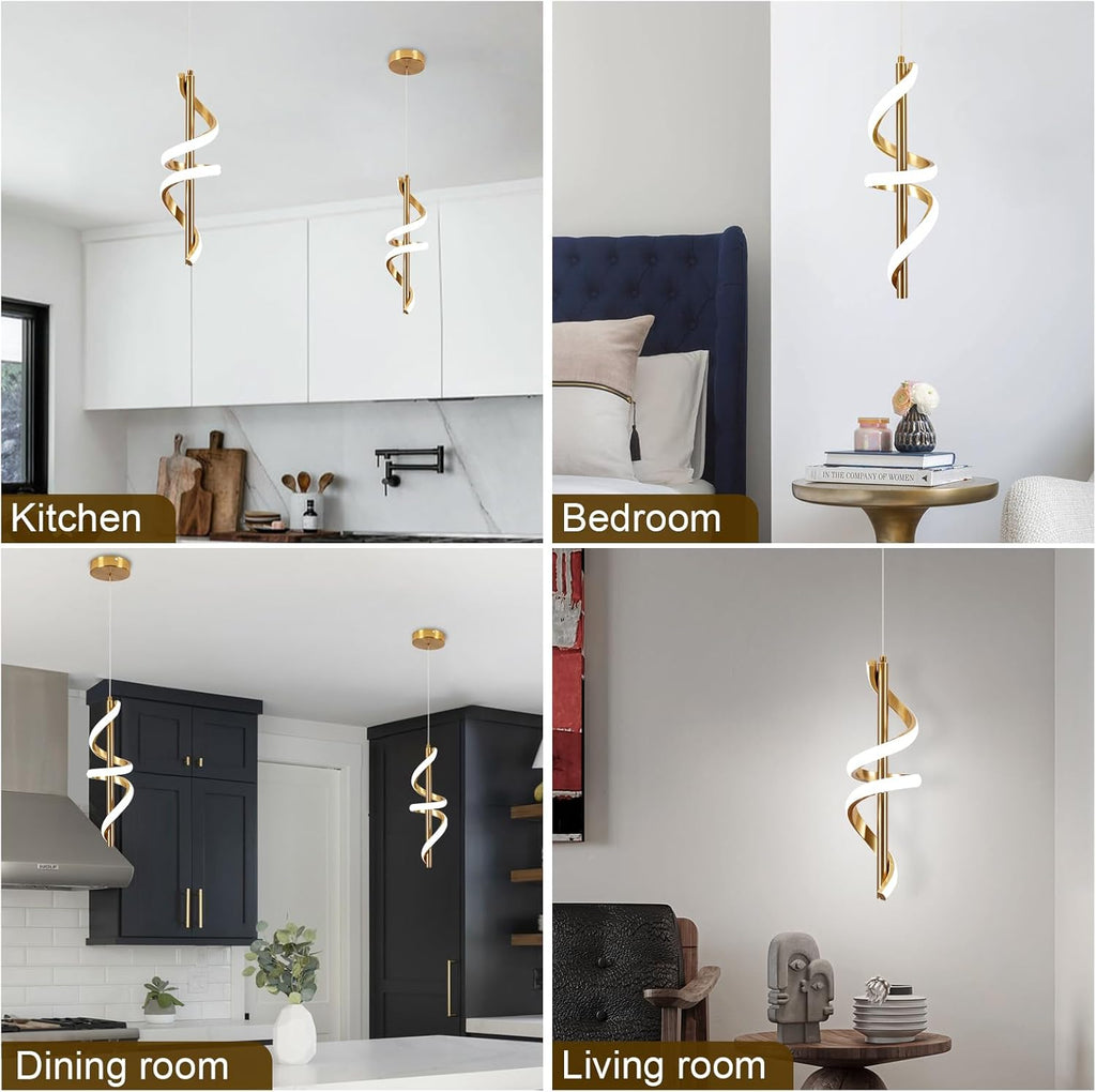 Spiral Led Pendant Light Fixtures, 5500K Gold Modern Led Pendant Light Kitchen Island, Adjustable Height Kitchen Island Lights Fixtures for Dining Room Bedroom Sink