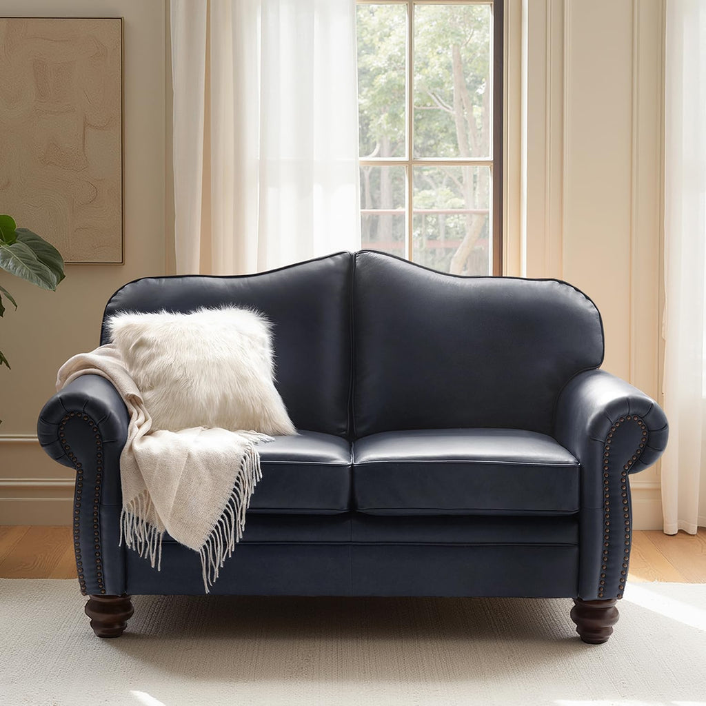 60" Wide Genuine Leather Chesterfield Loveseat, 2 Seat Leather Sofa with Rolled Arms, Nailhead Trim for Living Room Furniture, Easy Assembly – Navy