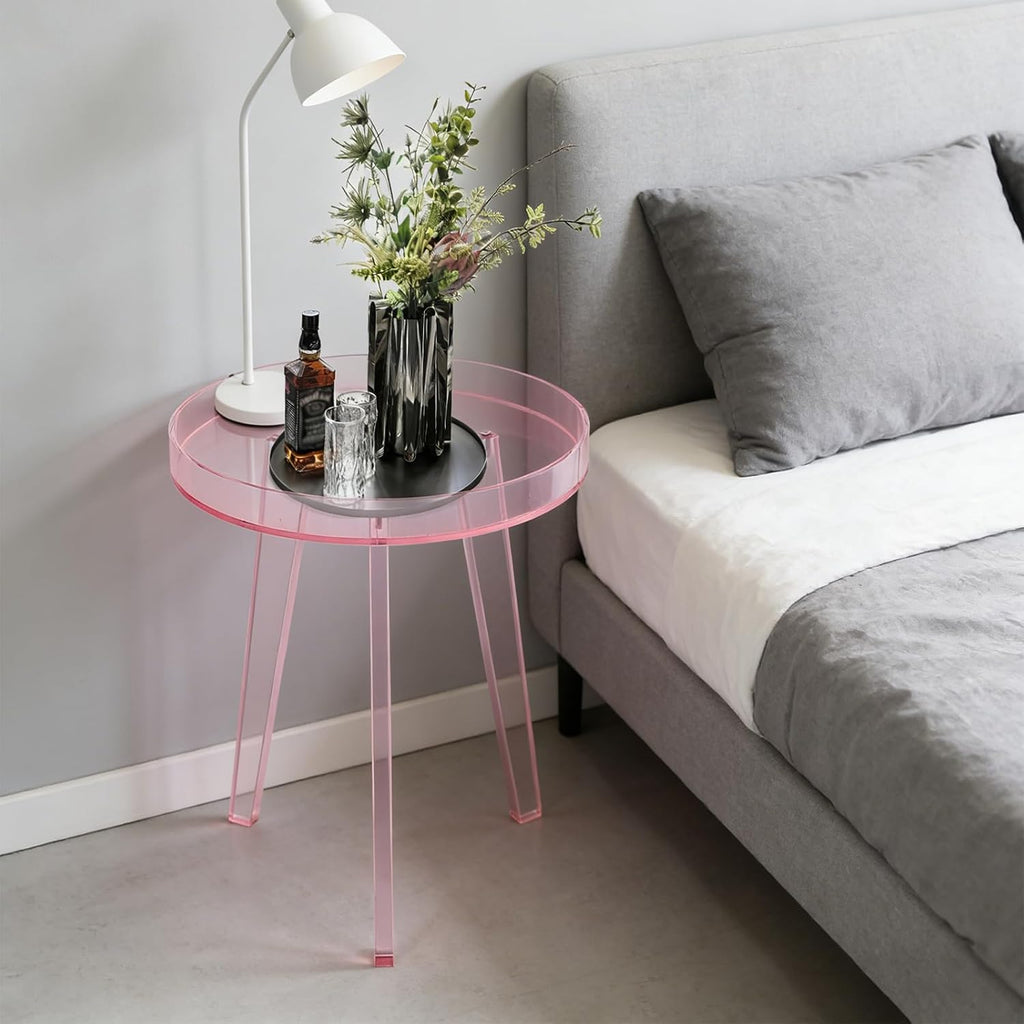 Clear Acrylic Side Table, Modern End Table with Storage Shelf, Small Round Bedside Table Nightstand for Living Room Bedroom Sofa Side, Transparent Accent Table (Pink)