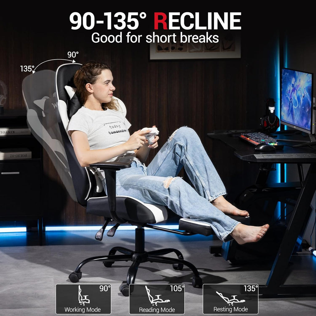 Gaming Chair with Footrest, Video Game Chair with Massage, PU Leather Computer Chair, Lumbar Support for Men Women, Home Office, Height Adjustable, Ergonomic High Back, White