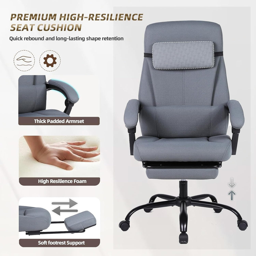 Linen Fabric Gaming Chair with Footrest, Ergonomic Computer Chair with Headrest and Lumbar Support, Height Adjustable 360° Swivel Reclining Chair with Backrest 90° -120° -155° (Grey)