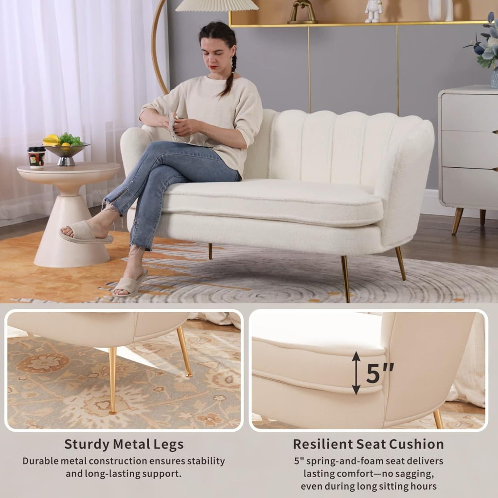 59'' Loveseat Sofa, Comfy Chenille 2-Seater Sofa with Gold Legs, Modern Shell Accent Couch for Studio, Living Room, Store, Office (Beige Chenille).