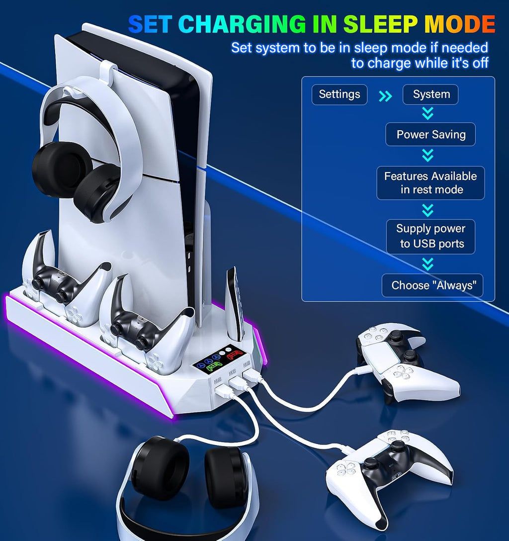 PS5/PS5-Slim-Cooling-Station-with-Controller-Charging-Station for Playstation 5 Console Disc/Digital, LED Light Cooling Stand with Cooler Fan for PS5 Accessories with 3 USB Hubs/Headset Holder