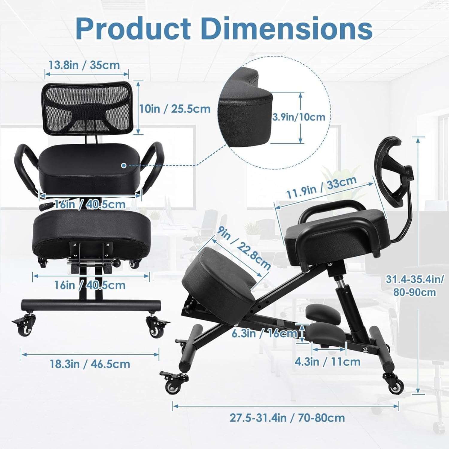 Ergonomic Kneeling Chair with Back Support Height Adjustable PU Stool for Home Office Thick Moulded Foam Cushions Brake Casters Desk Chair to Relieve Back Discomfort