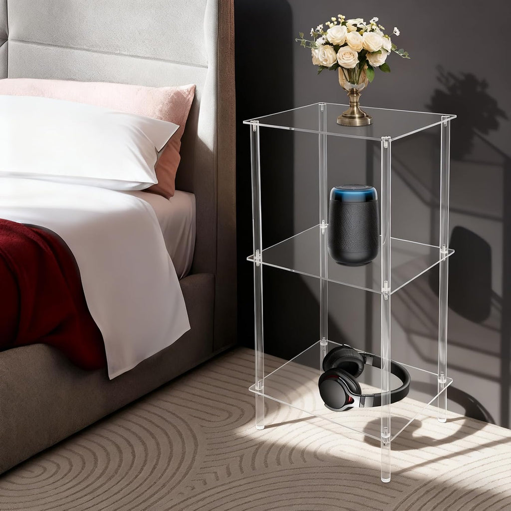 3-Tier Acrylic Record Player Stand, Clear Vinyl Record Storage Table with 11 lbs per Shelf, Modern End Table/Side Table for Living Room, Bedroom, Bathroom, Easy Assembly, Polished Finish